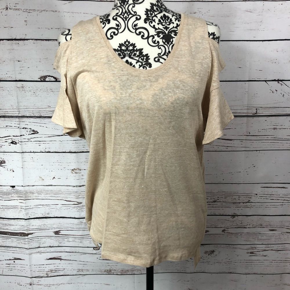 Halston Heritage Linen Cotton Short Ruffle Sleeve Cold Shoulder Top Shirt Tan M